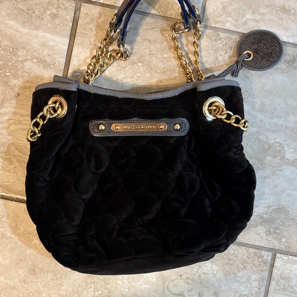 Juicy Couture Black Velvet Shoulder Bag with Gold Chains